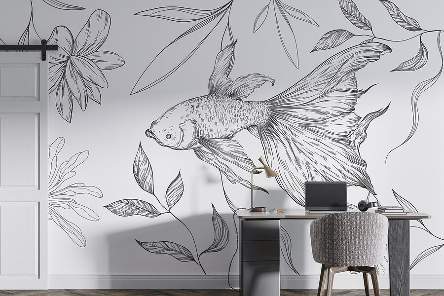 Desenho a preto e branco de um peixe e de plantas Desenho a preto e branco de um peixe e de plantas