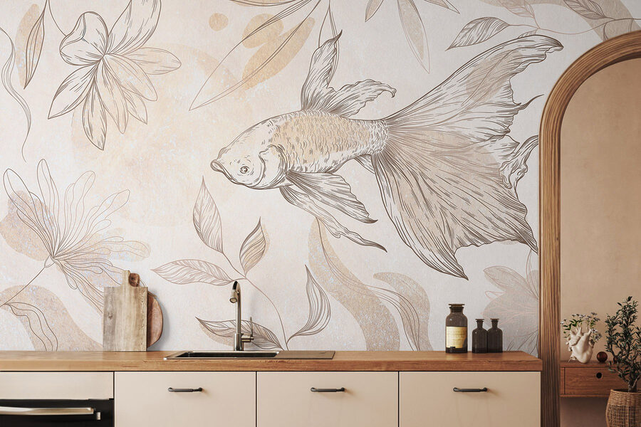 Peixes elegantes entre desenhos florais.