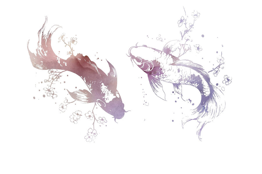 Dois peixes com flores e folhas
