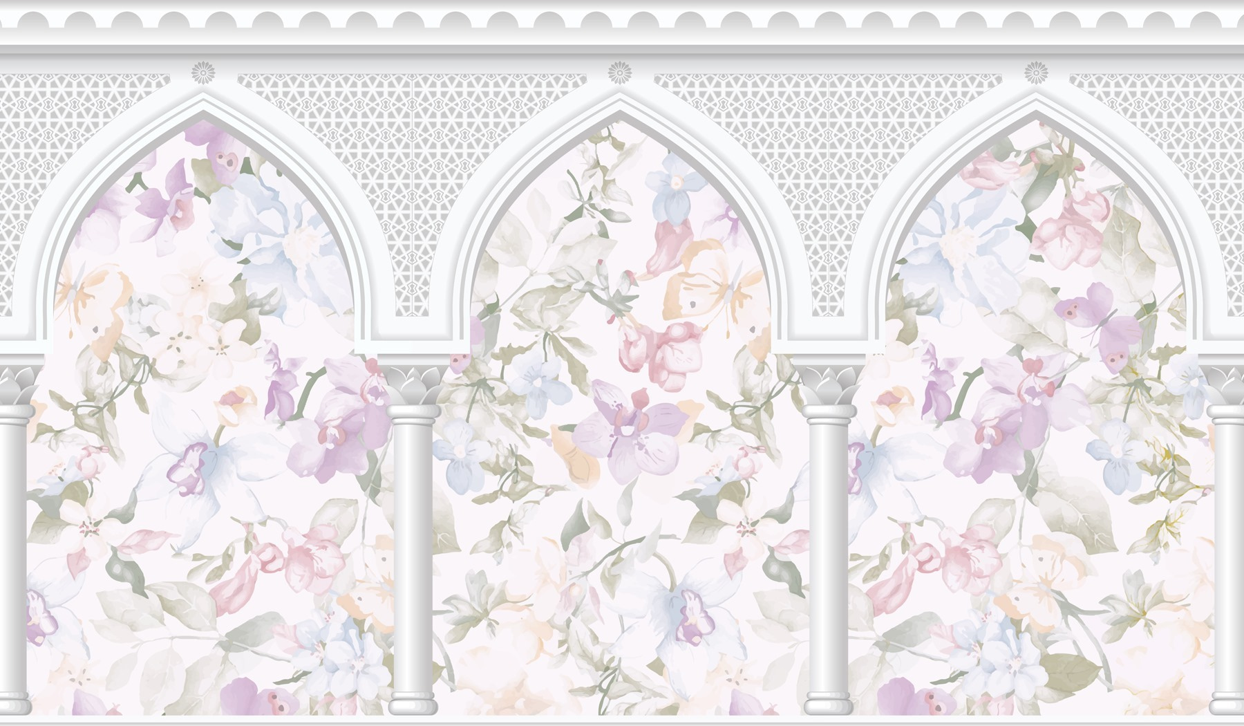 Wallpaper with flowers and arches