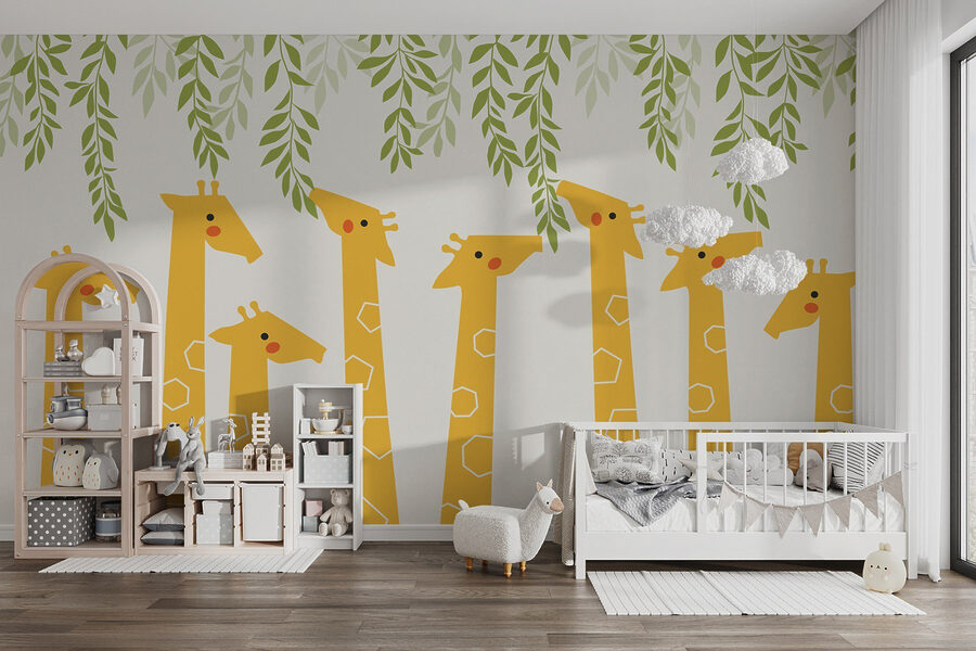Papel de parede Grupo de girafas com folhas