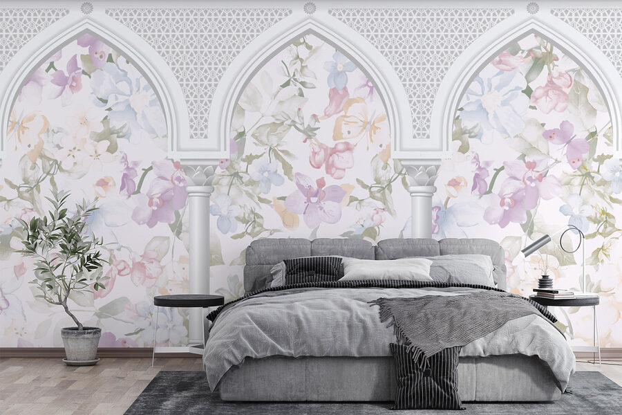 Papel de parede com flores e arcos
