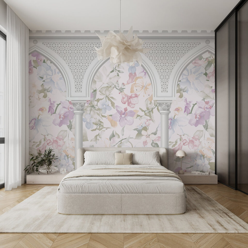 Wallpaper with flowers and arches