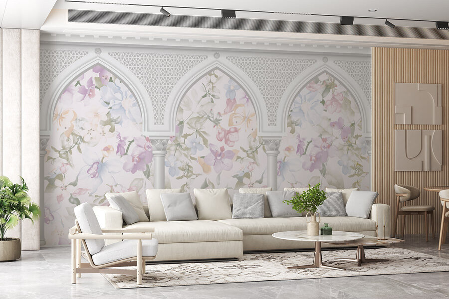 Papel de parede com flores e arcos