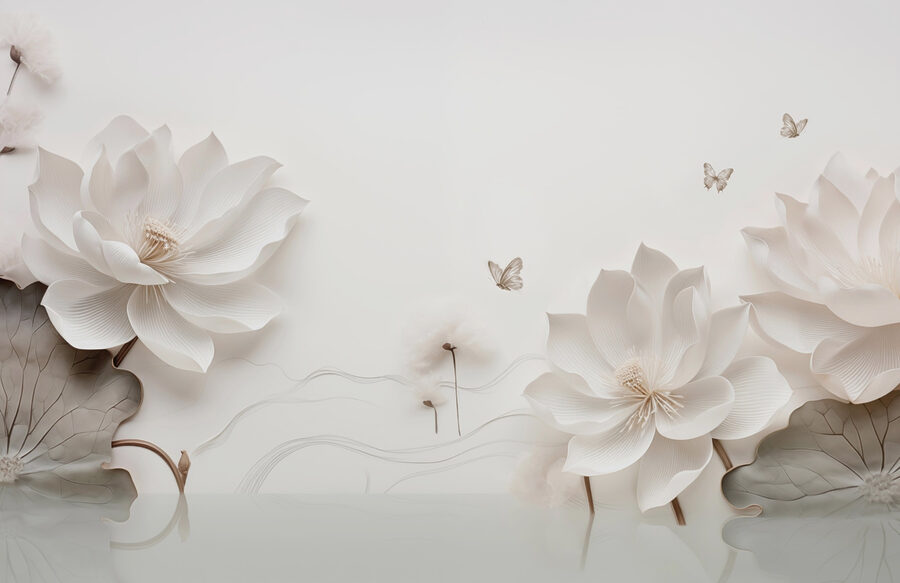 Flores e borboletas de papel branco sobre uma superfície branca