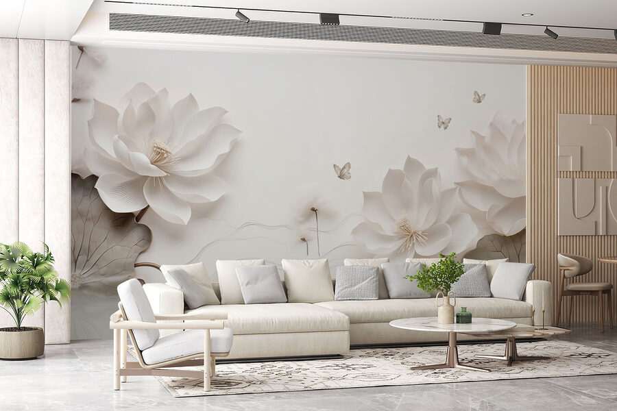 Flores e borboletas de papel branco sobre uma superfície branca