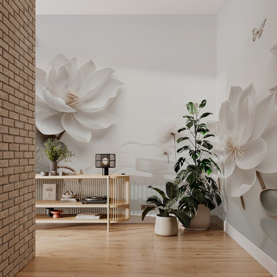 Flores e borboletas de papel branco sobre uma superfície branca