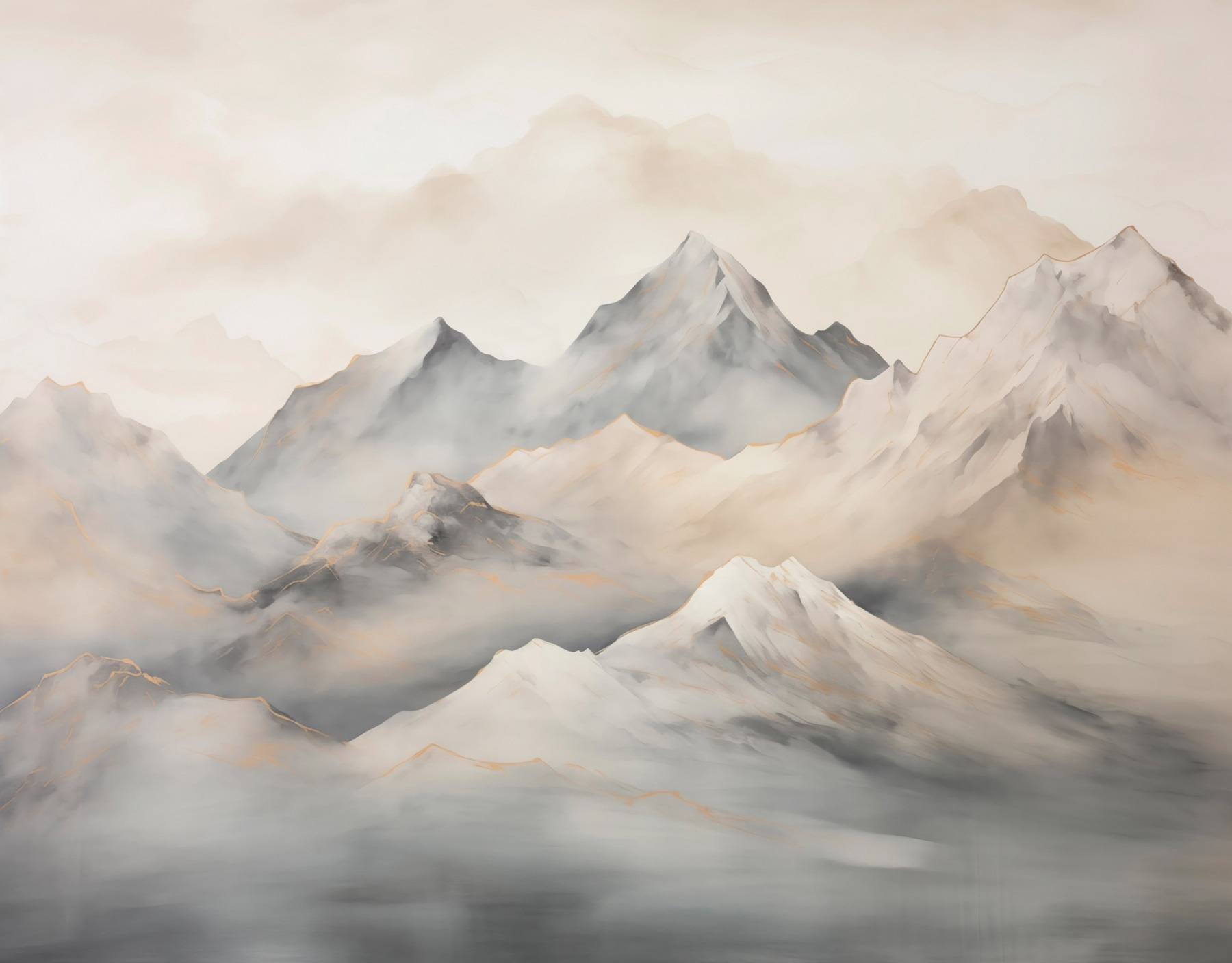 Painting of mountains with clouds