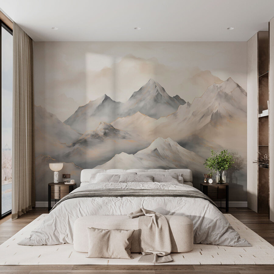 Pintura de montanhas com nuvens