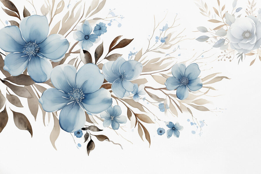 Pintura de flores azuis e folhas castanhas