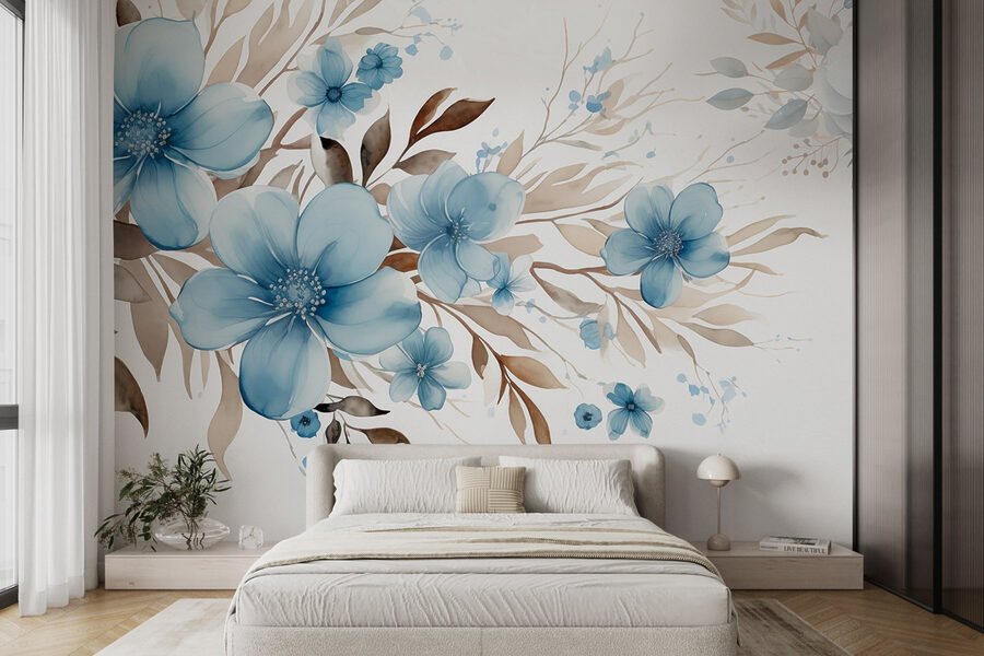 Pintura de flores azuis e folhas castanhas