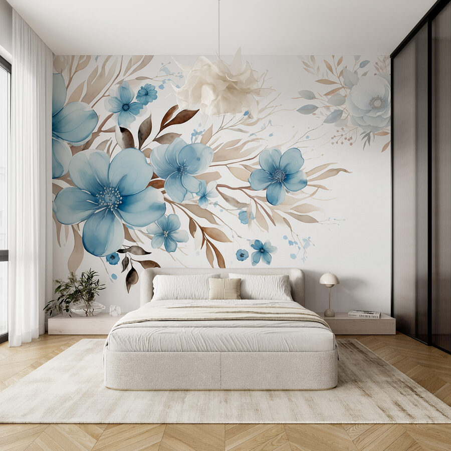 Pintura de flores azuis e folhas castanhas