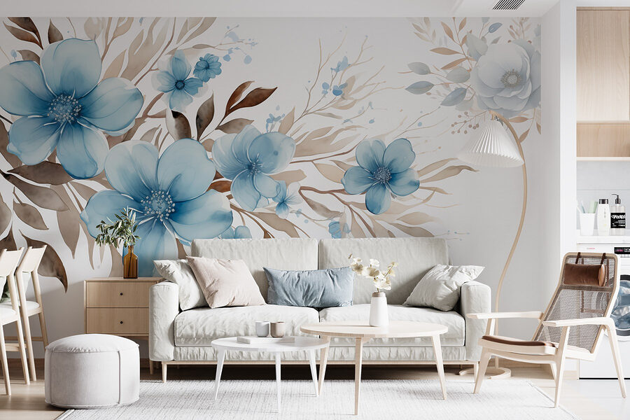 Pintura de flores azuis e folhas castanhas