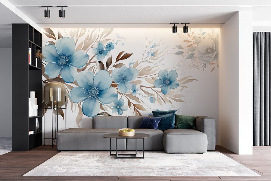 Pintura de flores azuis e folhas castanhas