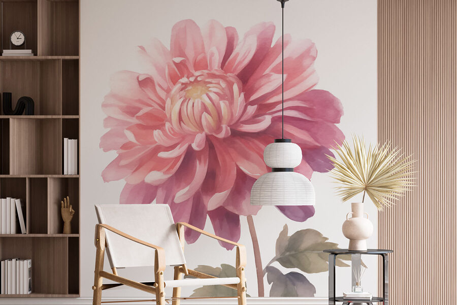 Flor cor-de-rosa com folhas verdes