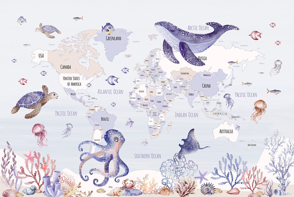 Mapa do mundo com animais marinhos Mapa do mundo com animais marinhos