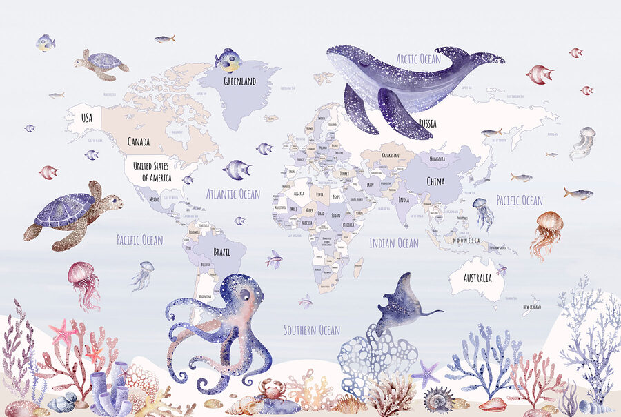 Papel de parede Mapa do mundo com animais marinhos - Image 5