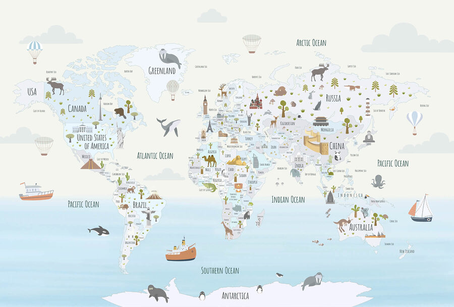 Mapa do mundo com diferentes animais