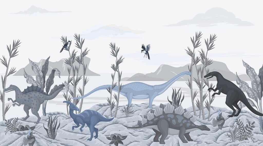 Grupo de dinossauros numa paisagem Grupo de dinossauros numa paisagem