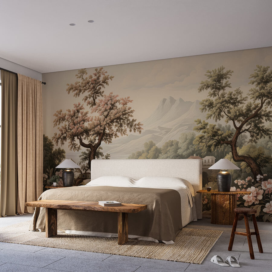 Papel de parede Paisagem com árvores e flores