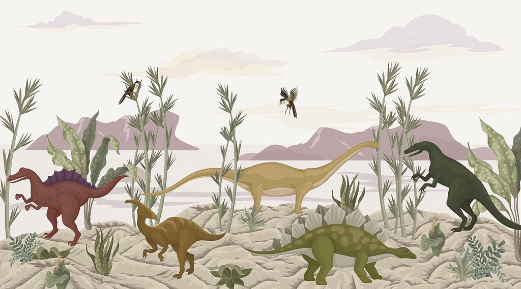Grupo de dinossauros num deserto Grupo de dinossauros num deserto
