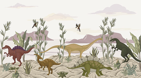 Grupo de dinossauros num deserto Grupo de dinossauros num deserto