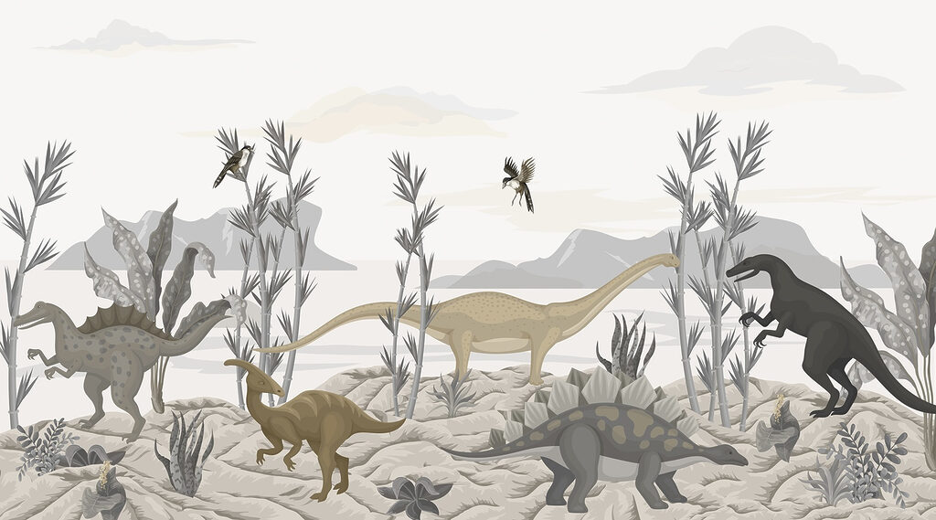 Grupo de dinossauros num deserto Grupo de dinossauros num deserto