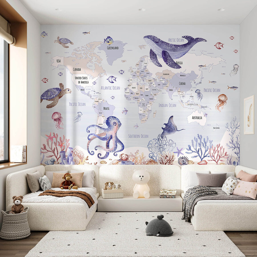 Papel de parede Mapa do mundo com animais marinhos