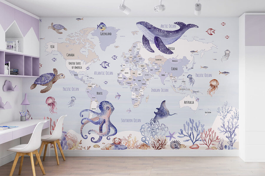 Papel de parede Mapa do mundo com animais marinhos - Image 2