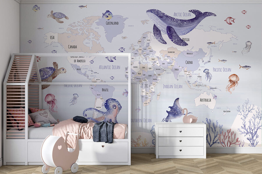 Papel de parede Mapa do mundo com animais marinhos - Image 3