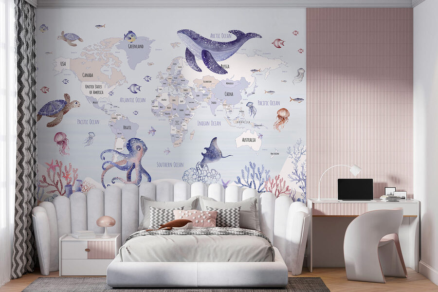Papel de parede Mapa do mundo com animais marinhos - Image 4