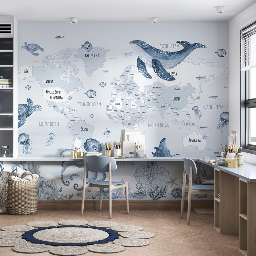 Mapa do mundo com animais marinhos