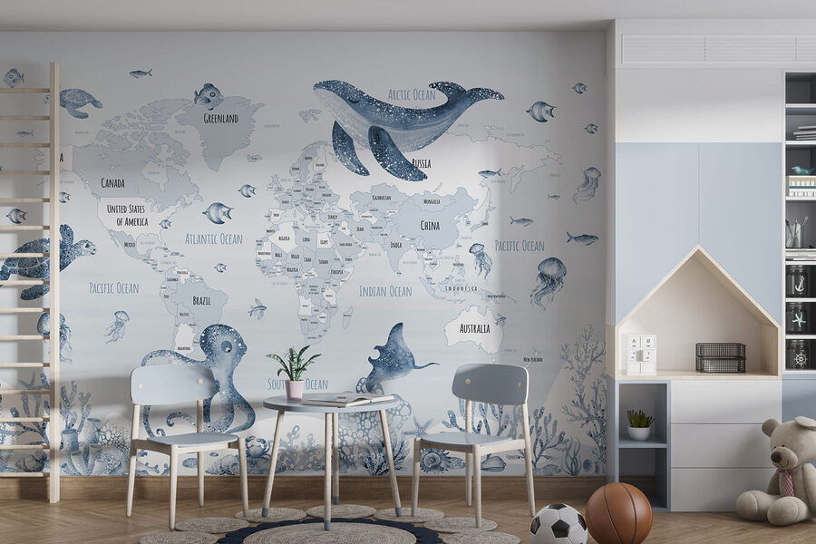 Mapa do mundo com animais marinhos