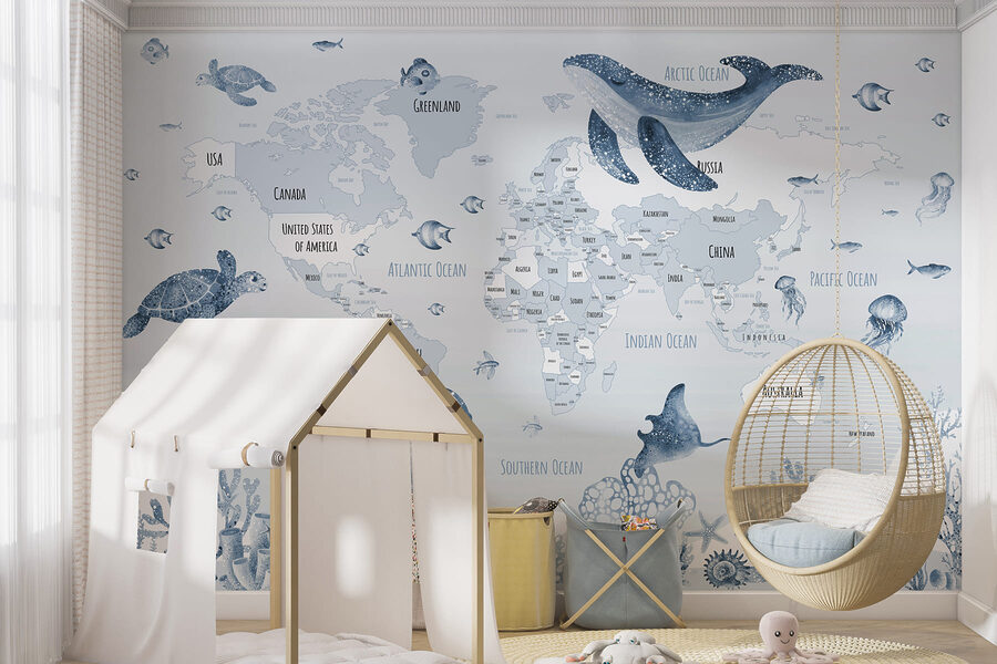 Mapa do mundo com animais marinhos