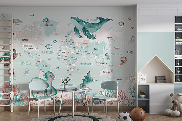 Map of the world with sea animals