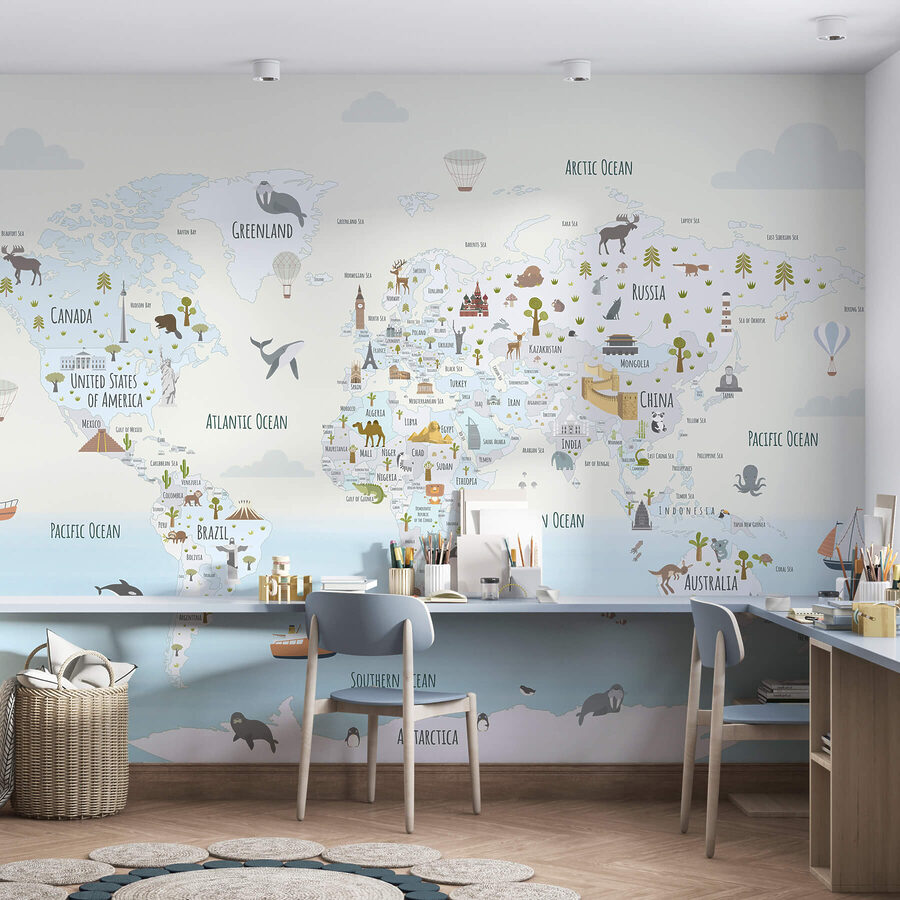 Mapa do mundo com diferentes animais
