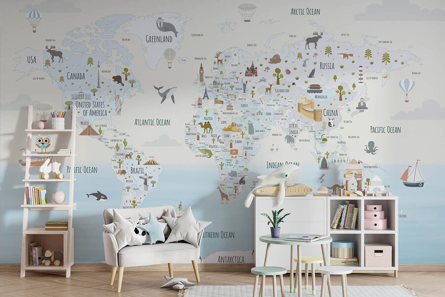 Mapa do mundo com diferentes animais