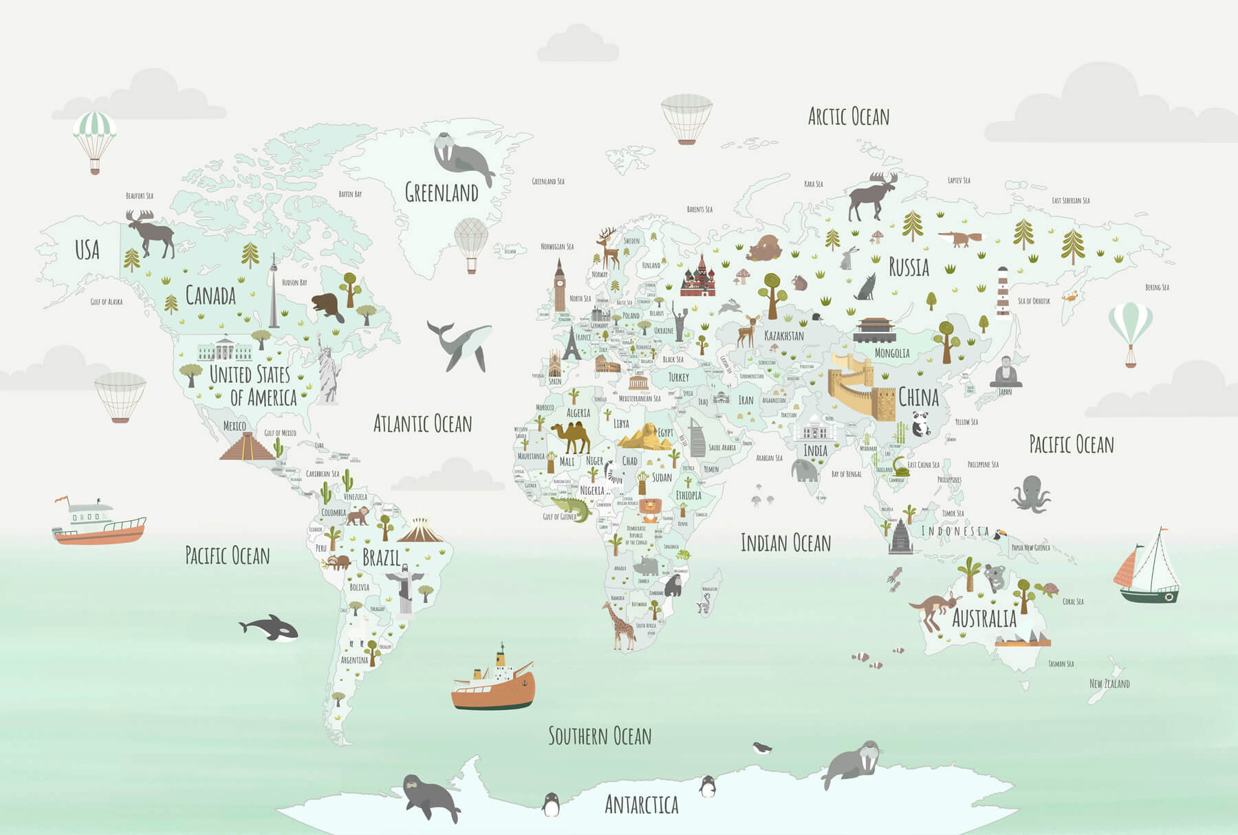Map of the world with animals Map of the world with animals