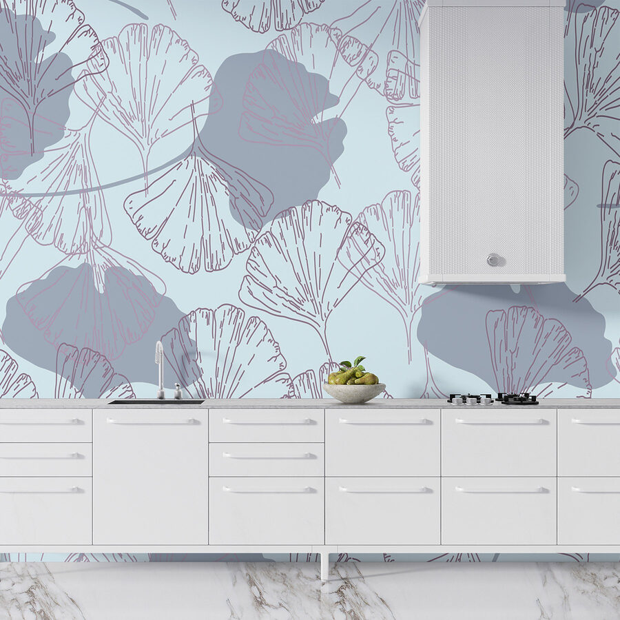 Papel de parede Padrão de folhas sobre um fundo azul claro - Image 3