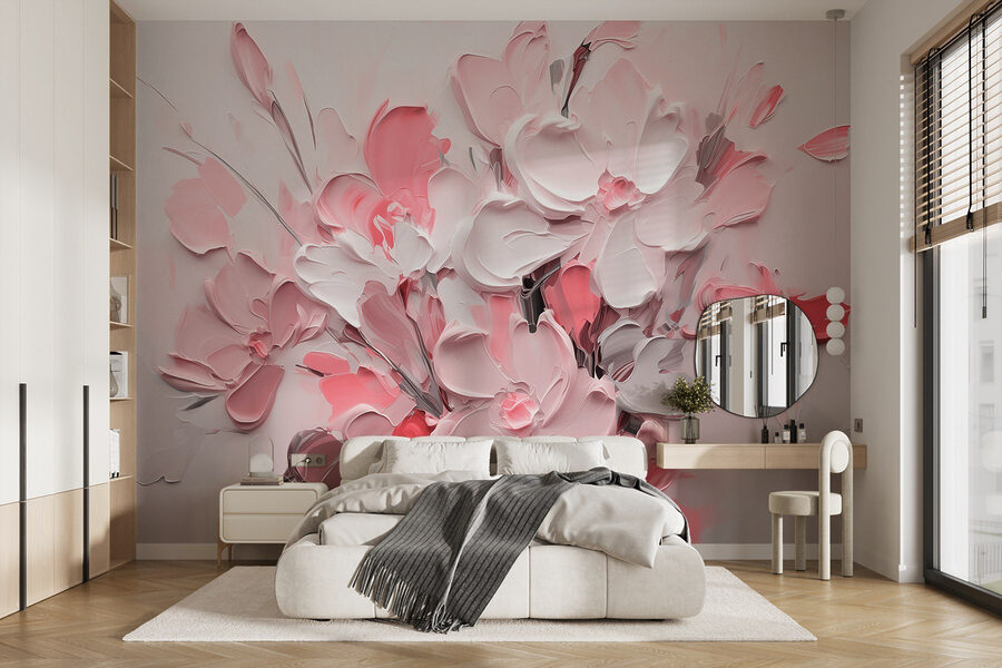 Papel de parede Pintura de flores em rosa e branco