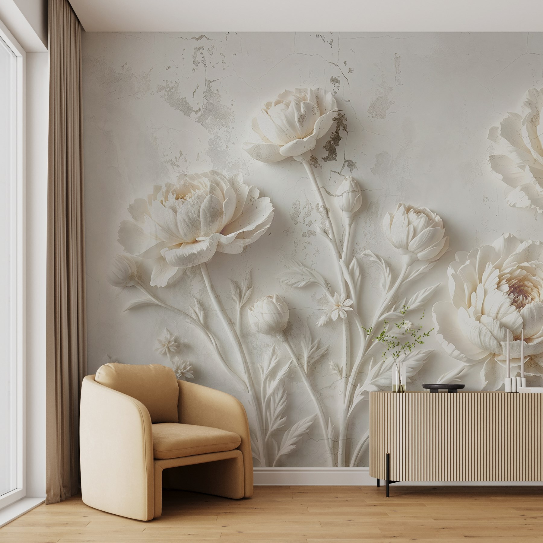 White flower carving on a wall