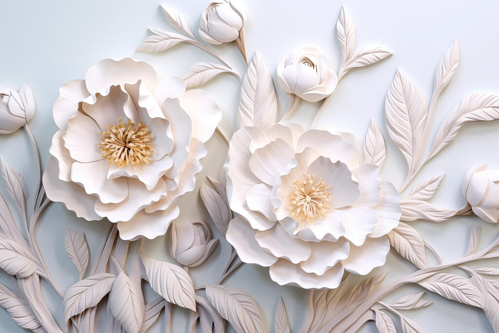 Flores e folhas brancas sobre uma superfície branca Flores e folhas brancas sobre uma superfície branca
