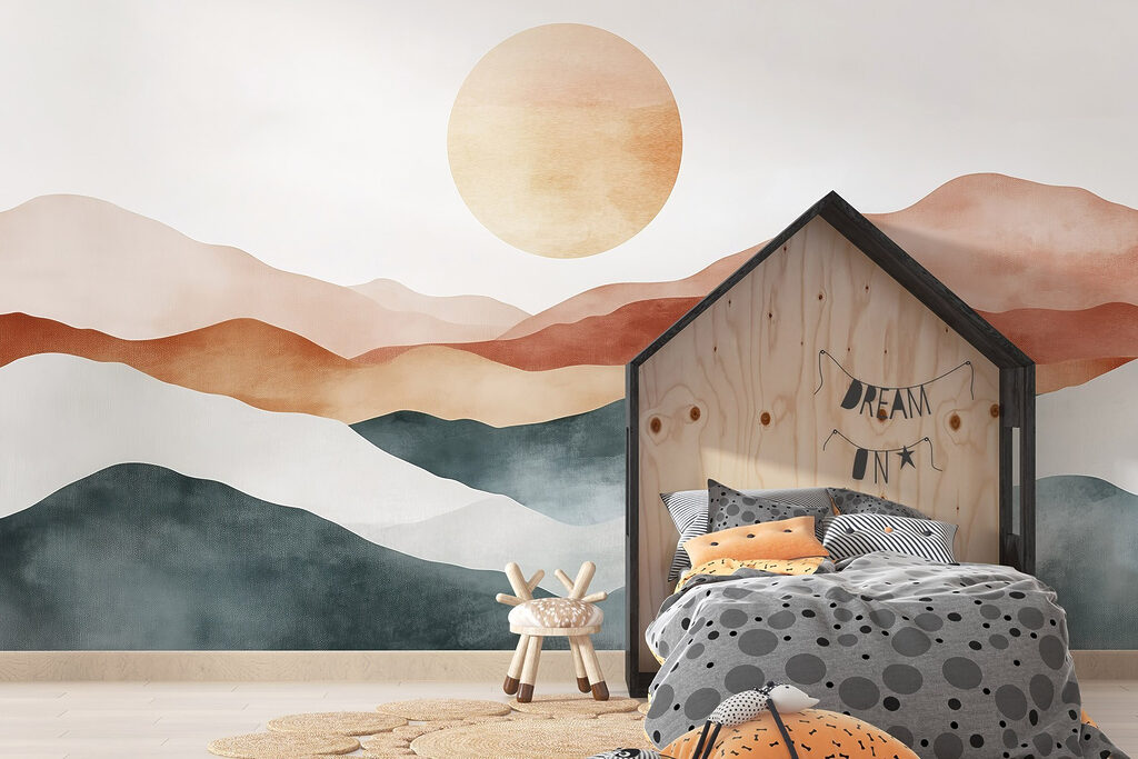 Painting of mountains and sun