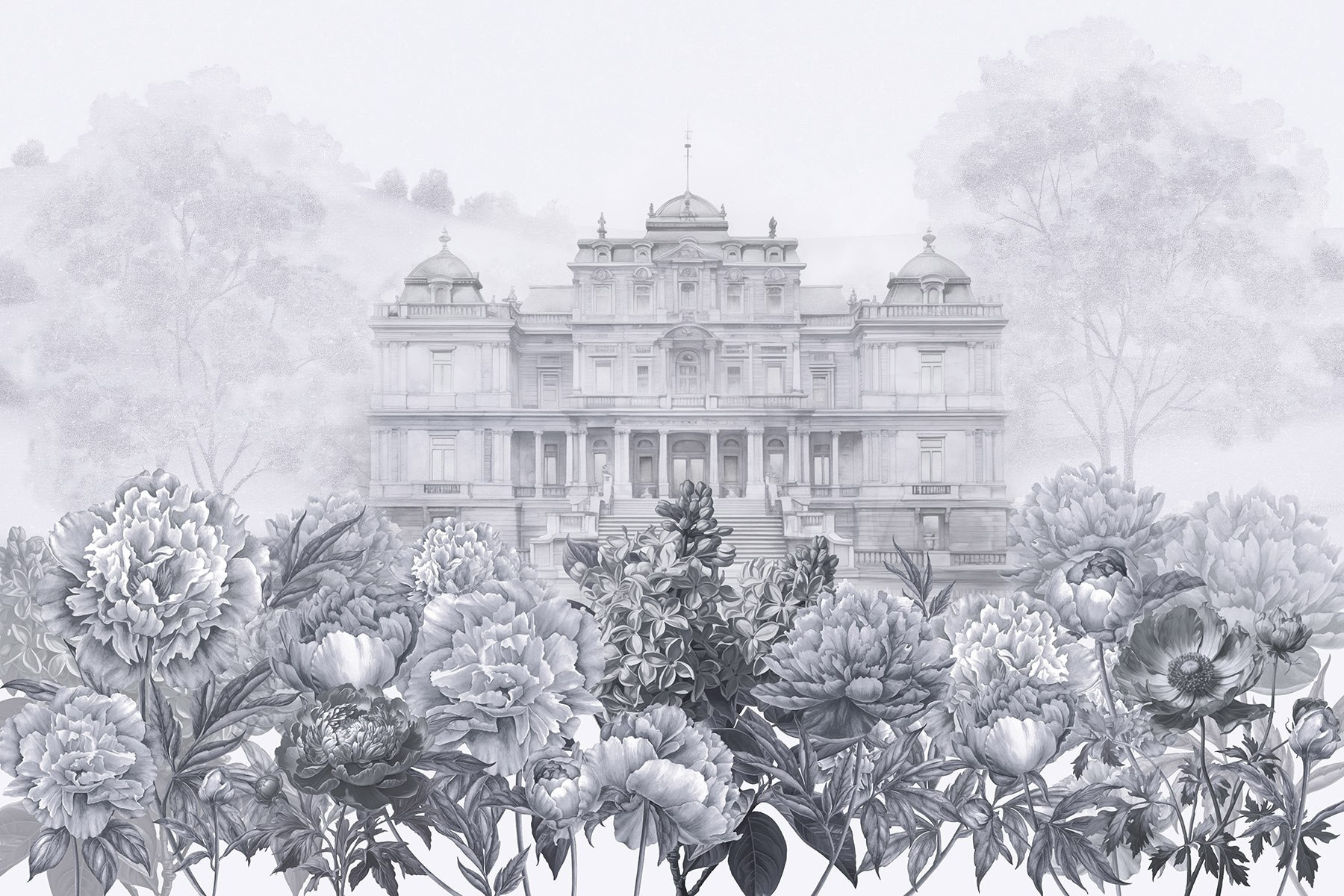 Large white building with flowers