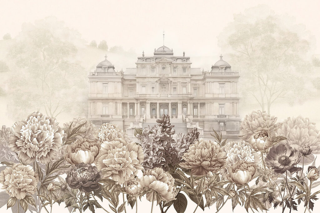 Large white building with flowers Large white building with flowers