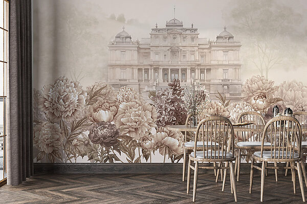 Large white building with flowers Large white building with flowers