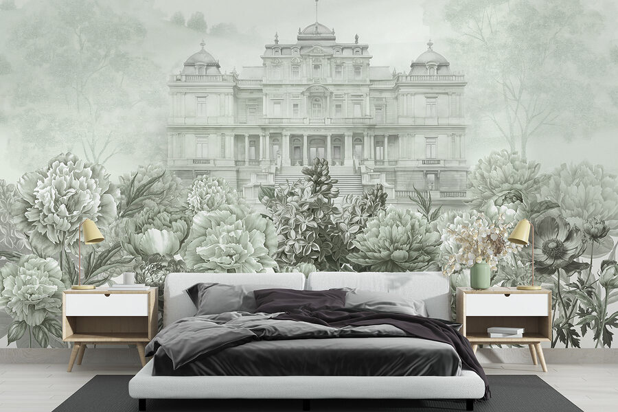 Papel de parede Grande edifício branco com flores
