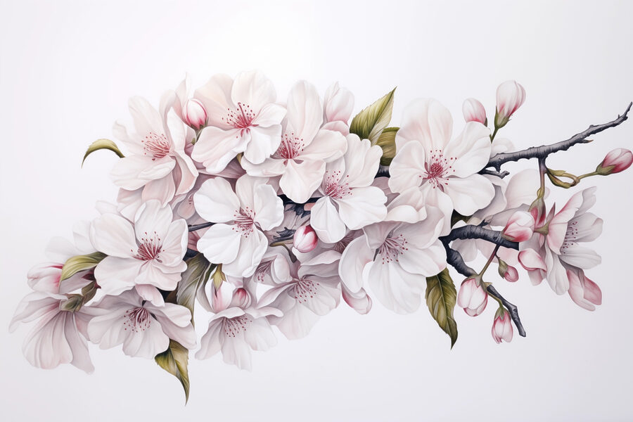 Pintura de flores brancas num ramo