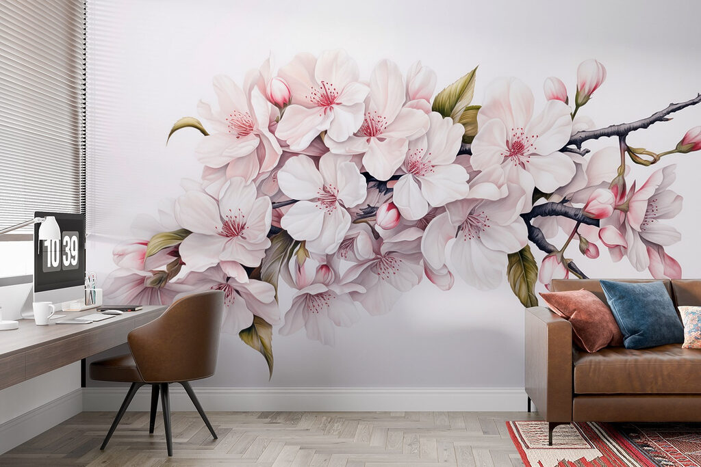 Painting of white flowers on a branch