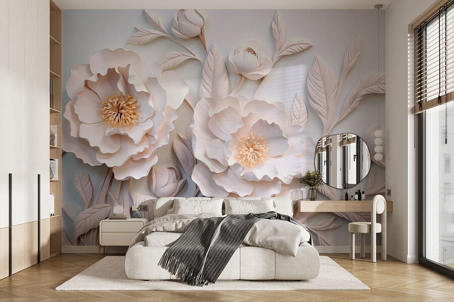 Flores e folhas brancas sobre uma superfície branca